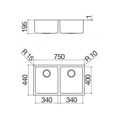 Barazza 1x842i double square bowl sink 75×44 cm